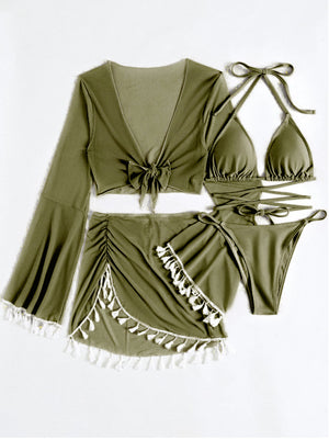 2026 New European and American Conservative Four-piece Set Solid Ruffle blouse Mesh Skirt Bikini Wholesale Swimsuits Women