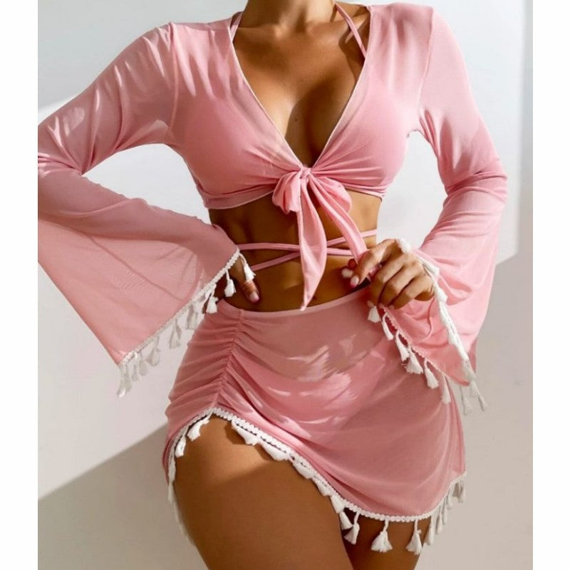 2026 New European and American Conservative Four-piece Set Solid Ruffle blouse Mesh Skirt Bikini Wholesale Swimsuits Women