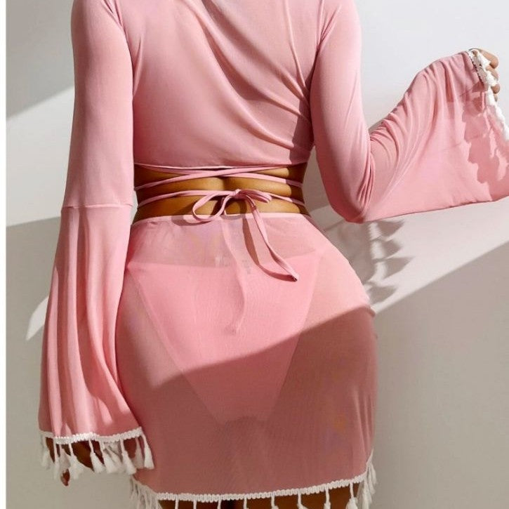 2026 New European and American Conservative Four-piece Set Solid Ruffle blouse Mesh Skirt Bikini Wholesale Swimsuits Women