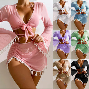 2026 New European and American Conservative Four-piece Set Solid Ruffle blouse Mesh Skirt Bikini Wholesale Swimsuits Women
